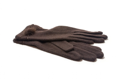 Brown Knit Gloves with Fur Button