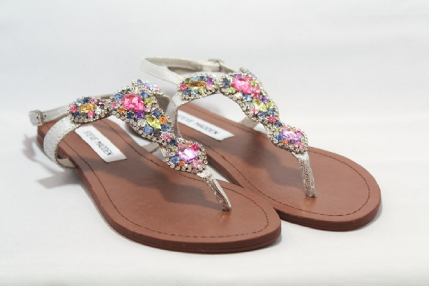 Coloured Crystal encrusted T-bar sandals in Silver.

