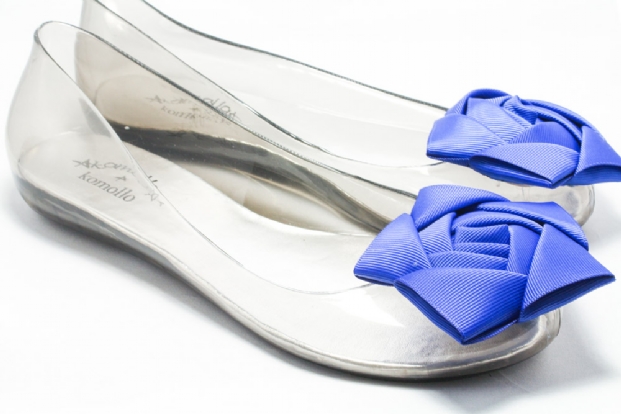 Transparent  'Jelly' shoes with blue ribbon rose trim.