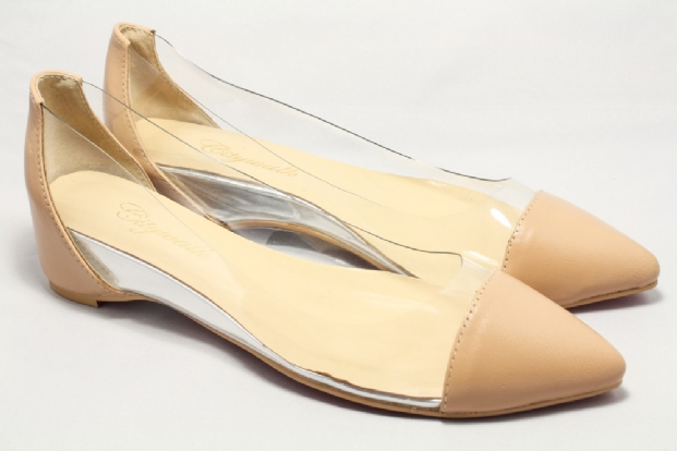 Low wedge style in 'Nude' and silver leather with clear insets.