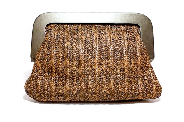Small size Clutch bag in brown 'tweed' with wooden handle.