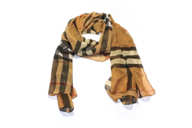Tan scarf in 'Burberry' look print.