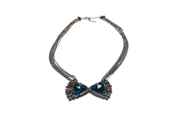 Marcasite grey and blue gem bow style necklace.