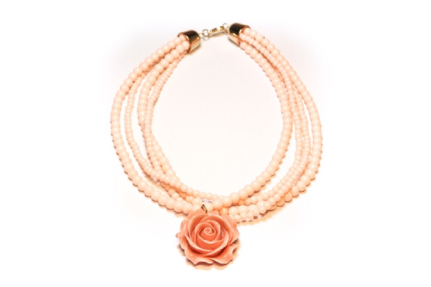 Multi-strand beaded necklace with rose centre piece - shell pink
