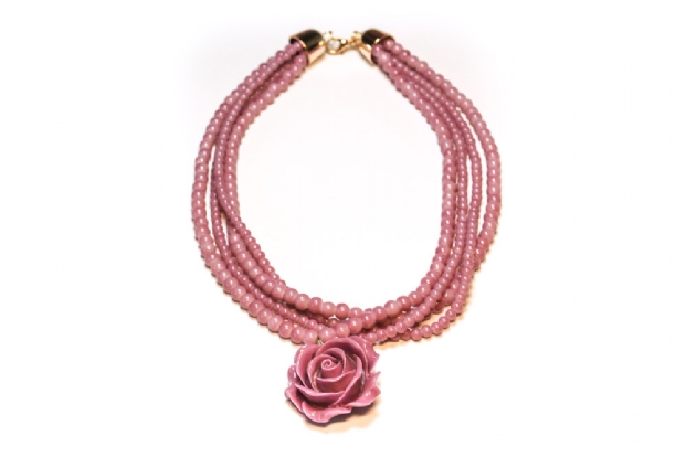 Multi-strand beaded necklace with rose centre piece -lilac.