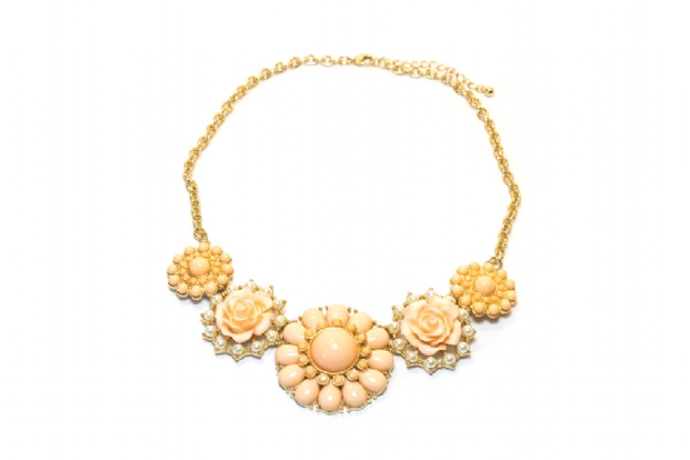 Peach 'coral' flower & pearl necklace.
