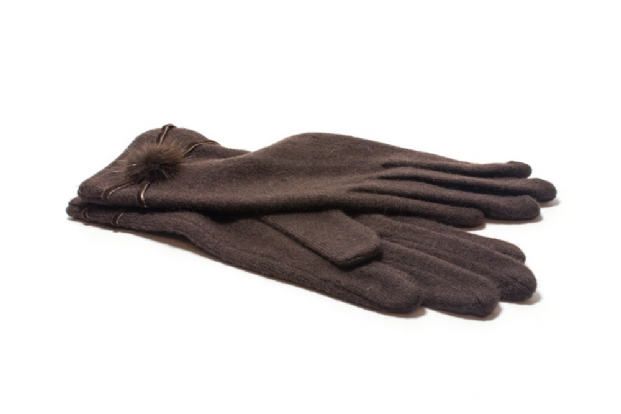 Brown fine-knit gloves with fur button trim