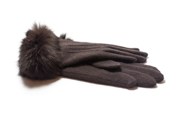 Brown fine-knit lined gloves with fur cuff