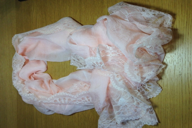Large silky lace edge scarf/wrap - light peach.